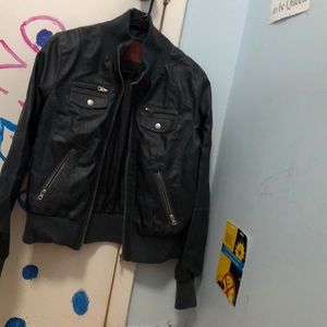 Grey leather bomber jacket
